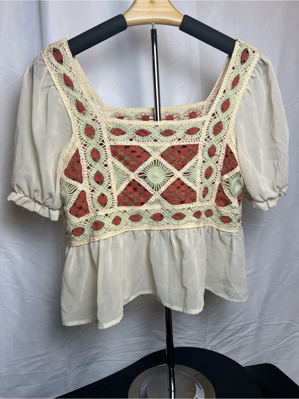 SHEIN Boho Crochet Square Neck Peplum Blouse Cream S/M Fairycore Coquette